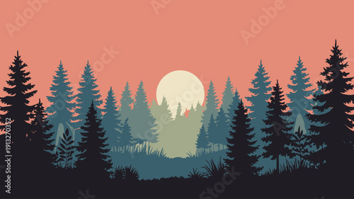 Forest landscape with a setting sun and coral sky sunset