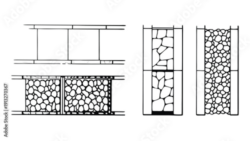 CAD Texture Drawings, stone wall  top and side view patterns, Stone, Gravel, and Pebble Section Pattern Outline Vector for Architectural Material Design
