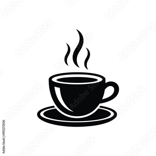 A simple black silhouette of a steaming coffee cup and saucer