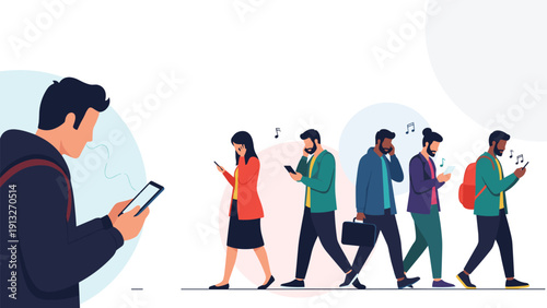 Group of diverse people walk in a line while focusing on their smartphones instead of their surroundings in a modern urban scene.