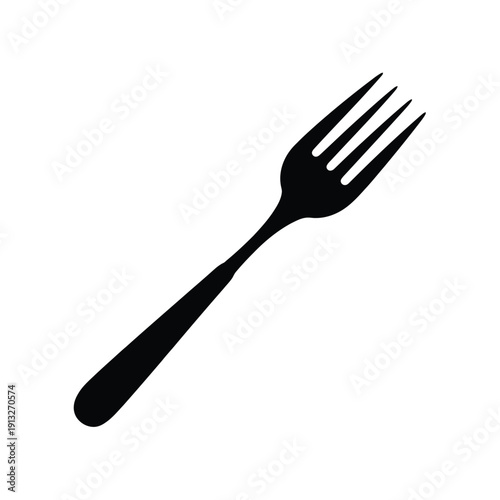 Simple black silhouette of a standard dining fork on a white background