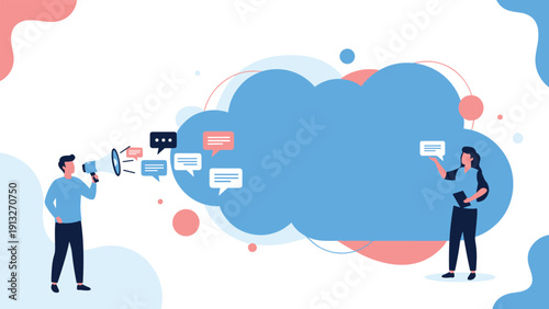 Man with a megaphone sends various message icons into a large blue cloud being managed by a woman in a communication concept.