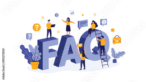 Group of small people interact with giant letters spelling faq as they search for answers and information in a help center concept.