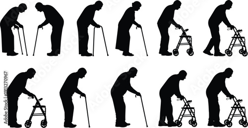 Elderly People Walking with Cane and Walker Silhouette Set Senior Men and Women Mobility Aid Collection Vector Illustration