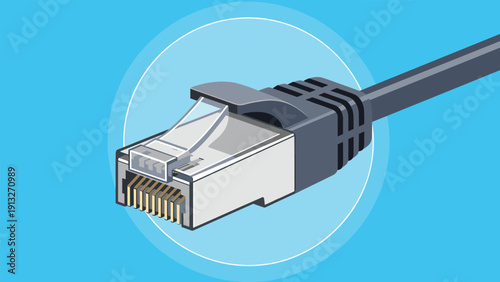 Close up view of an ethernet cable connector used for local area network internet connectivity in a clear and modern illustration.