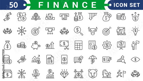 Vector finance editable stroke line icon set with money, bank, check, law, auction, exchance, payment, wallet, deposit, piggy, calculator, web and more isolated outline thin symbol