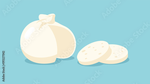Traditional italian burrata cheese shown as a whole pouch and two creamy slices on a solid teal background for food photography.