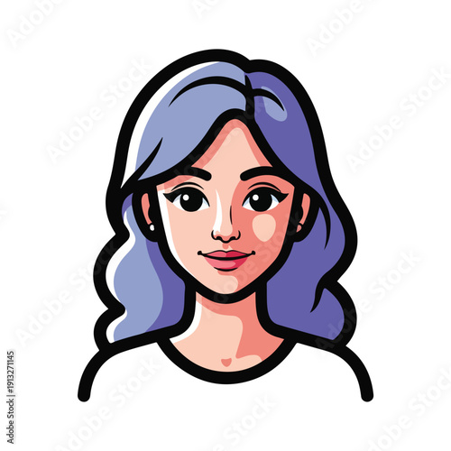 Illustration of a young woman with wavy purple hair and a white shirt from a front-facing viewpoint