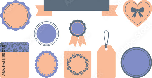 Elegant boutique style labels with 10 periwinkle peach slate grey wavy edged circular badge horizontal banner ribbon heart seal bow dashed line floral header medallion scalloped oval square tag