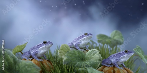 a group of giant frogs in the moonlight, perched atop pumpkins, with a misty, foggy background
