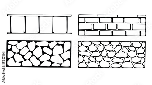 CAD Texture Drawings, stone wall  top and side view patterns, Stone, Gravel, and Pebble Section Pattern Outline Vector for Architectural Material Design
