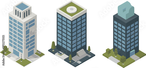 Isometric modern city office buildings vector illustration set for urban architecture business real estate development infographic design concept skyline downtown corporate commercial