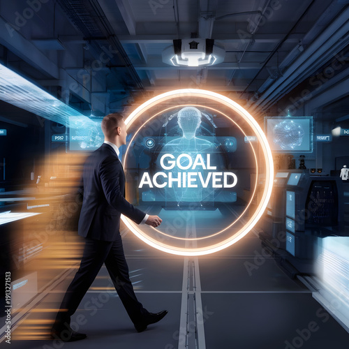Businessman launching startup rocket icon toward target, representing business growth, innovation, future strategy, goal achievement, and success in digital transformation.