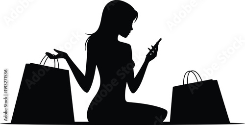 Silhouette of a woman sitting with shopping bags and a smartphone