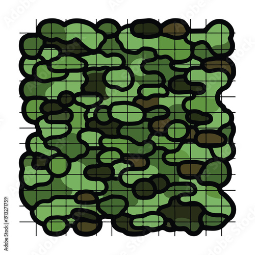 Vector illustration of camouflage pattern design viewed from directly above in a grid layout