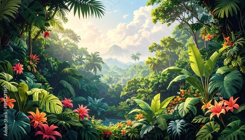 Tropical rainforest waterfall lush greenery vibrant flora misty jungle landscape scenic nature