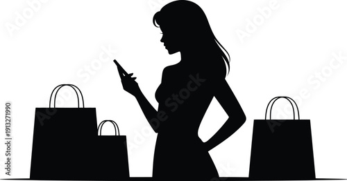 Woman silhouette with shopping bags and smartphone