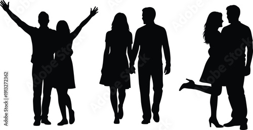 Silhouette couples in romantic poses standing, walking hand in hand, and playful affectionate gesture vector illustration representing love, connection, and companionship