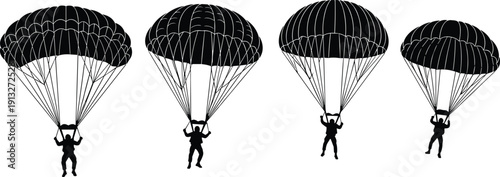 Silhouette parachutists descending with open parachutes, varied canopy designs vector illustration representing skydiving, adventure, military operations and aerial sports activities