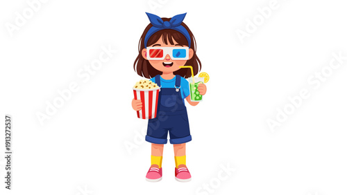 Cute girl in 3D glasses holding popcorn and drink at movie night