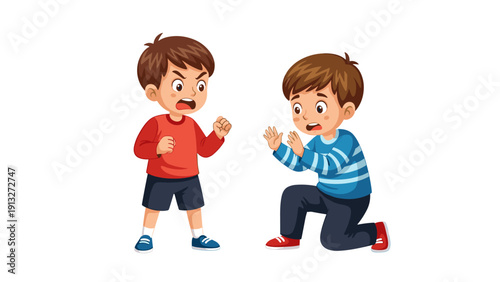 Two boys arguing and fighting cartoon vector illustration isolated