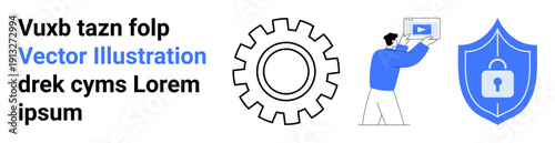 Man holding laptop with video playback, gear symbolizing mechanics and innovation, shield with lock icon for cybersecurity and protection. Ideal for technology, security, digital media, education