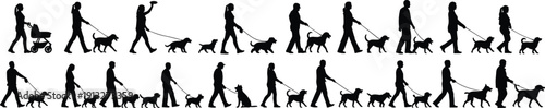 Silhouette vector illustration of people walking dogs across life stages, family growth, aging companionship, pet care, outdoor lifestyle progression collection