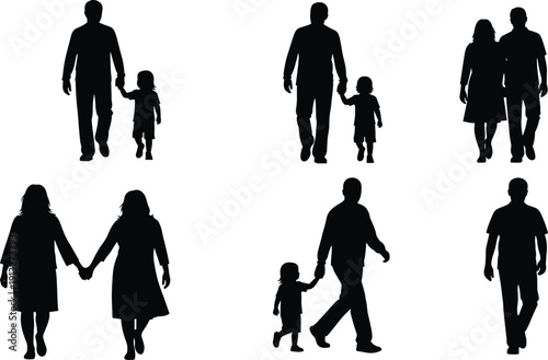 Silhouette vector illustration of people walking together, adults and children holding hands, family relationships, social connection, companionship, human interaction poses collection