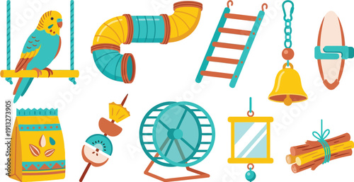 Bird small pet enrichment elements with 10 bright turquoise sunflower yellow terracotta colorful parakeet swing hamster peek tube bird ladder hanging bell toy cuttlebone bag birdseed fruit kabob 