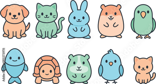 Simple pet characters with 10 minimal cartoon style dog cat rabbit hamster parrot fish turtle guinea pig bird kitten rounded body small black oval eyes simple mouth thick charcoal outlines soft pastel