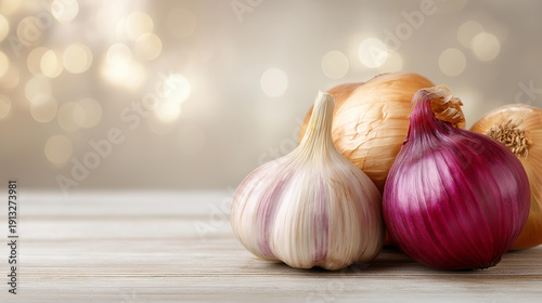 Delicious garlic and onion food combination photorealistic horizontal background, all-purpose seasoning, AI generated backdrop, aromatic garlic and onion food combination,