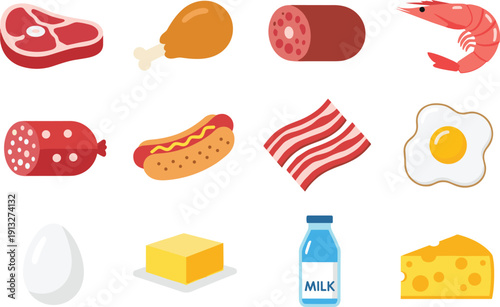 “Stylized Illustration of Protein‑Rich Foods Including Meat, Dairy and Eggs, Educational Nutrition and Dietary Planning Theme Artwork for Stock Art Success”