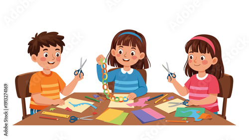 Children drawing colorful art at wooden table with scissors and paper