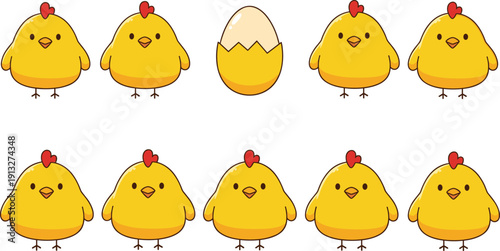 “Stylized Cartoon Illustration of Chicks with Cracked Egg, Educational Counting, Pattern Recognition and Children’s Learning Theme Artwork for Stock Art Success”