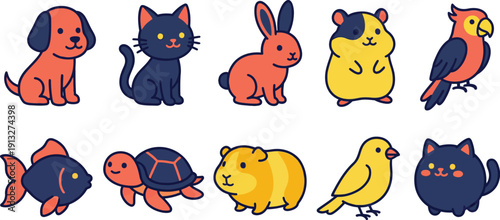 Modern pet character icons with 10 matching design dog cat rabbit hamster parrot goldfish sea turtle guinea pig canary kitten consistent thick stroke small dot eyes neutral friendly expression bold 