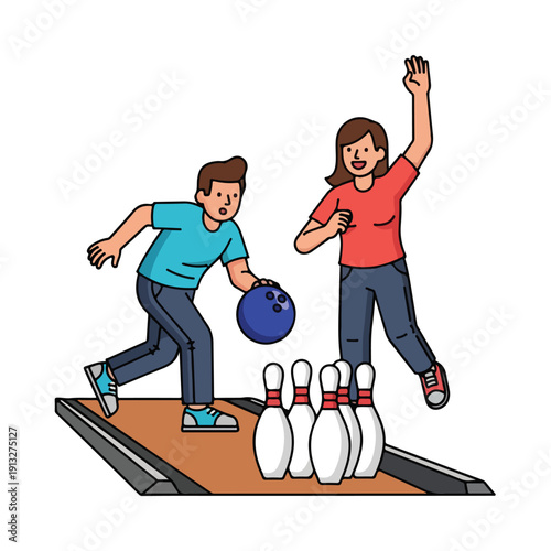 Man bowling with woman celebrating near pins on lane, vector illustration