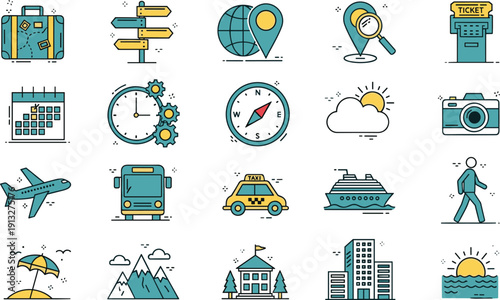 Travel icons, tourism symbols, vacation elements, transportation visuals, sightseeing graphics, planning tools, location pins, weather, camera, cruise, airplane