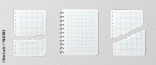 Empty realistic detailed school notepad mockup isolated on white background. For your image, logo, text or design. Blank notebook mock up with shadows. Torn business notepad sheet. Vector illustration