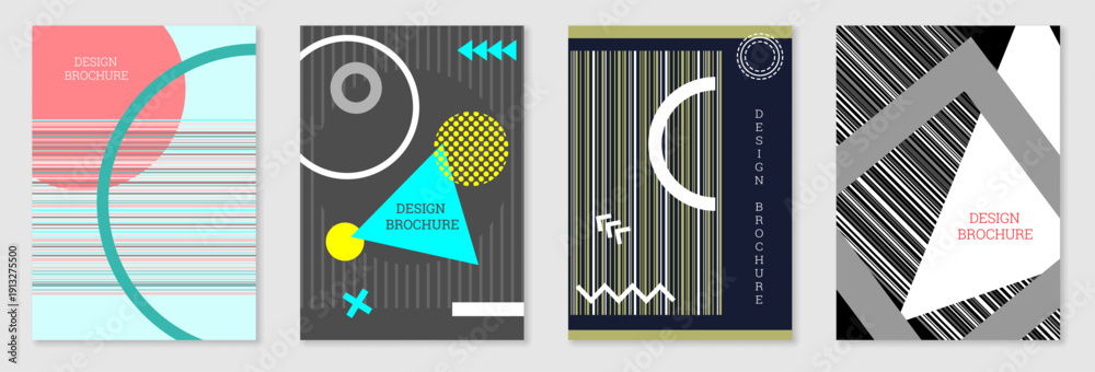 Fototapeta premium Set of cover design in Memphis style. Geometric design, abstract background. Fashionable bright cover, banner, poster, booklet. Creative colors.