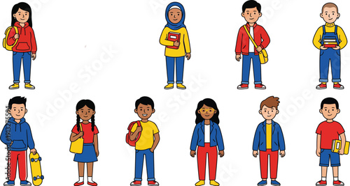 Diverse Students and Children Character Vector Set - Cartoon School Kids and Teenagers with Backpacks and Books