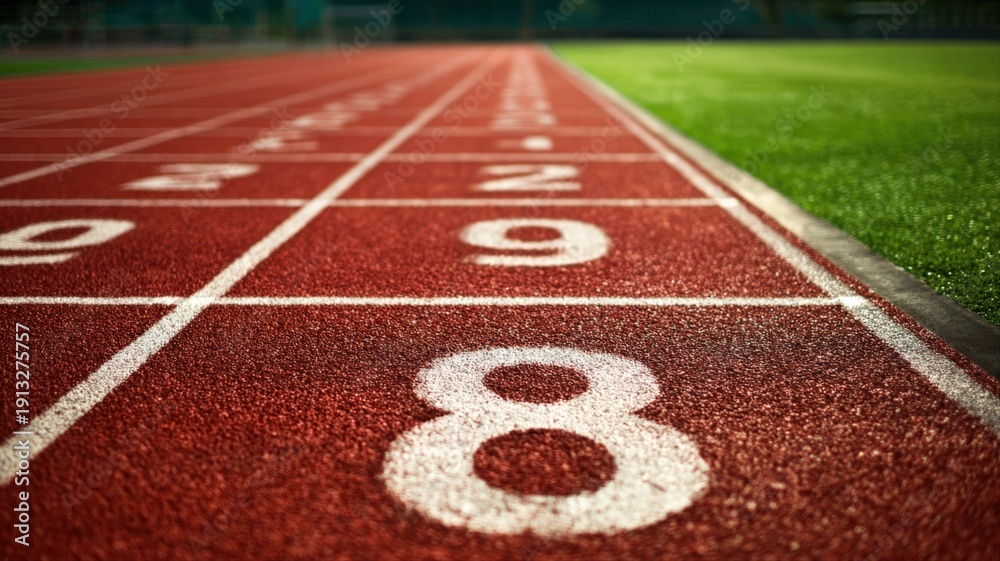 Naklejka premium Close-up of a running track with lane numbers, symbolizing competition, athletics, and determination on a sunny day