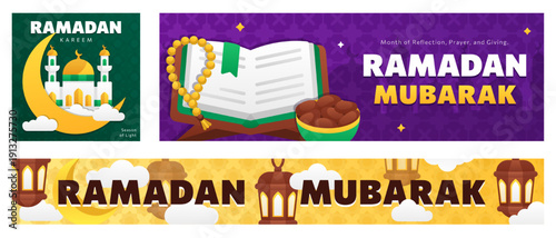 Ramadan Kareem cartoon banners set with Mosque, Crescent moon, Arabic lanterns, prayer beads, dates for Iftar and Islamic arabesque pattern. Eid cards with bold text and flat art for Muslim holidays