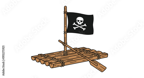 Simple cartoon illustration of a wooden log raft with a pirate Jolly Roger flag and a single oar, isolated on white.