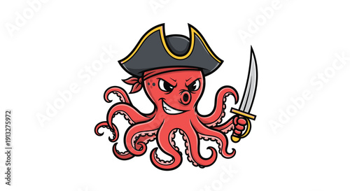 Fierce and angry red cartoon octopus character wearing a pirate hat and brandishing a sharp sword, isolated on a white background.