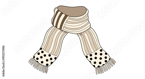 Cozy and stylish knitted winter scarf with a pattern of brown stripes and black polka dots, isolated on a white background.