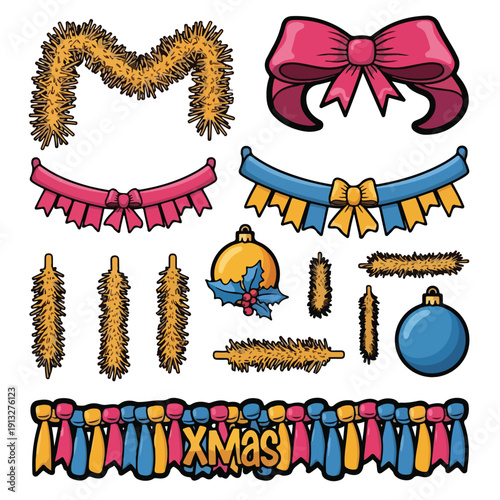 Collection of Christmas decorations including garlands, bows, and ornaments in a festive arrangement viewed from directly above