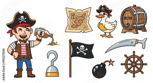 Fun set of cute cartoon pirate illustrations, including a pirate character, a duck, a treasure map, rum, and a Jolly Roger flag.