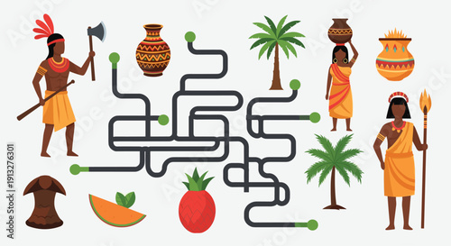 Infographic or maze concept with African tribal people, cultural artifacts, and tropical elements connected by a winding black line.
