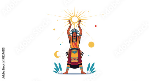 Stylized illustration of a native tribal person in traditional clothing raising their hands to the sun in a spiritual ritual.