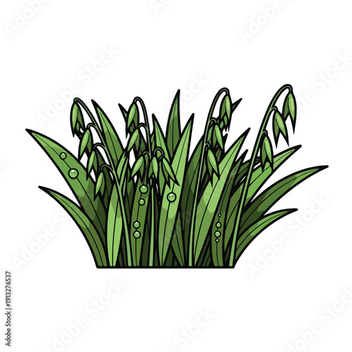 Illustration of green plants with leaves and buds in a container viewed from the front